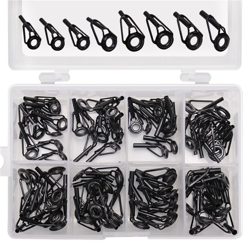 8/80Pcs Black Top Tip Guide for Spinning  Casting Fishing Rod Building Repair Eye Line Ring Stainless Steel Frame